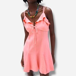 🌸New🌸Zara Linen Blend Mini Dress Coral Large NWT